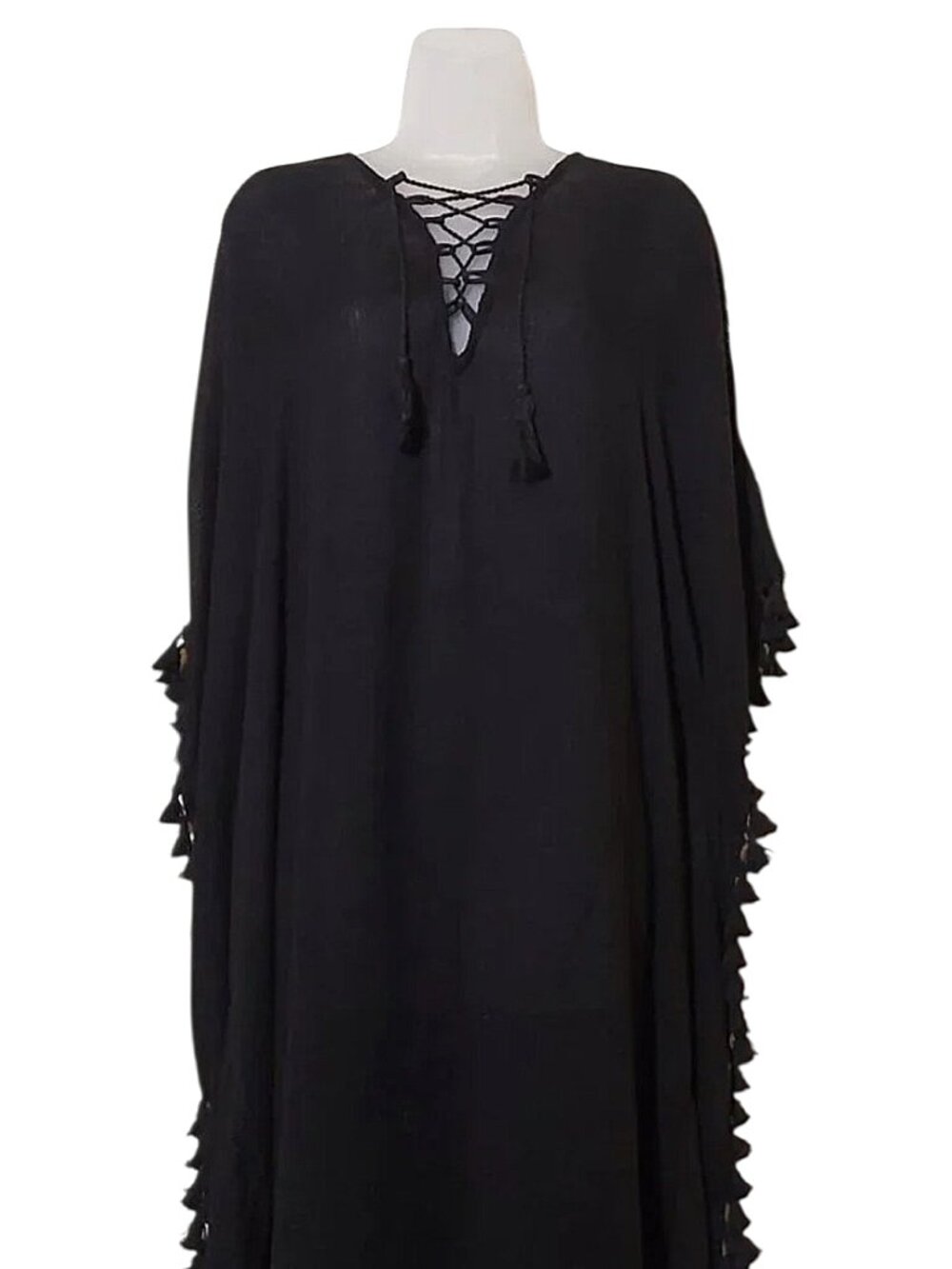 Walter Baker Acapulco Kaftan Black Tassel Sheer Beach Coverup Resort/Vacation OS - Picture 4 of 6